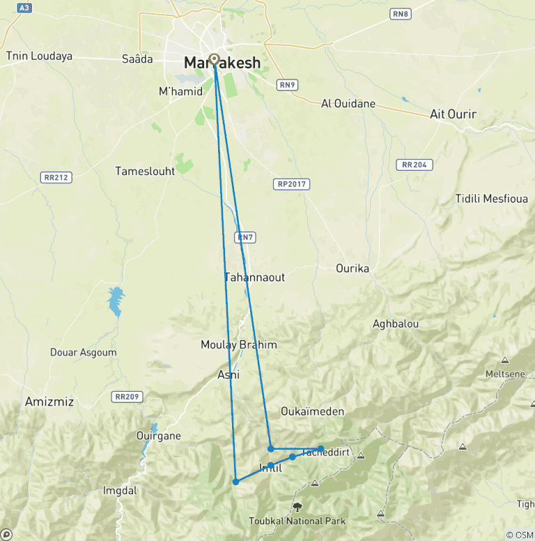 Map of 3-Days High Atlas Mountains Hiking Tour from Marrakech