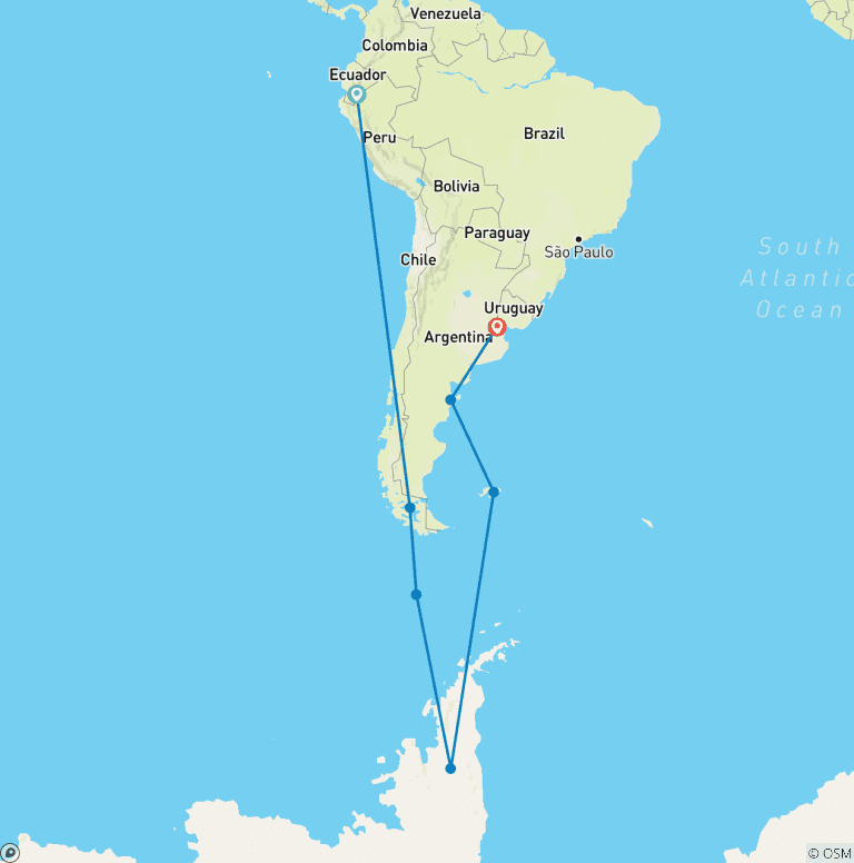 Map of Antarctica & Falklands - From Punta Arenas to Buenos Aires