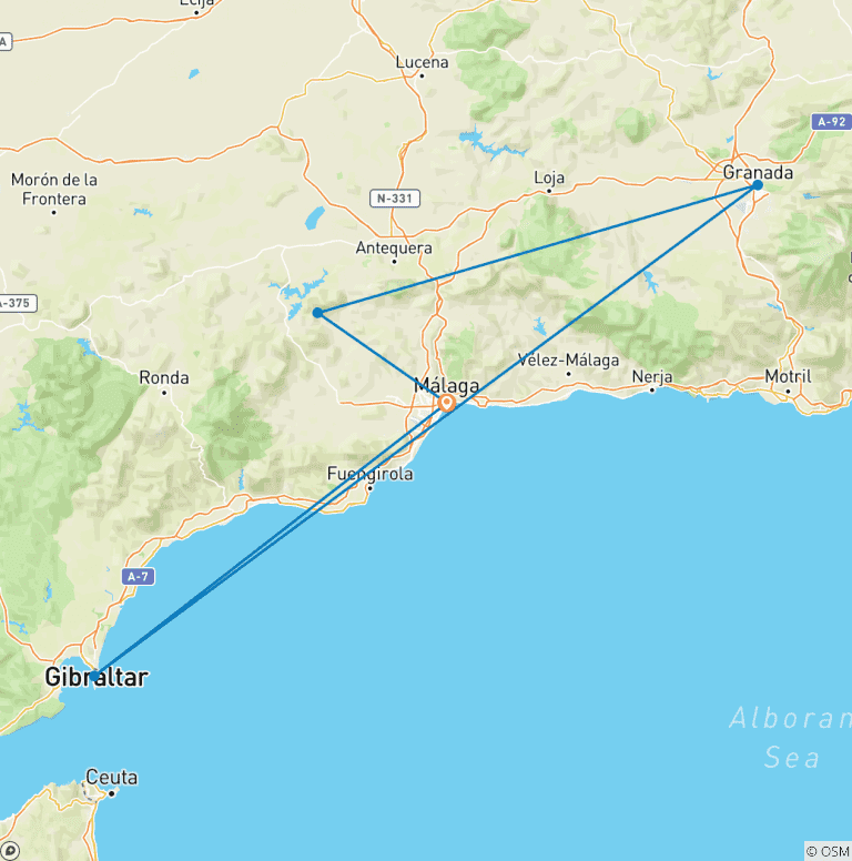 Map of 6 Day Malaga including visit to Gibraltar, Granada, Alhambra and Caminito del Rey