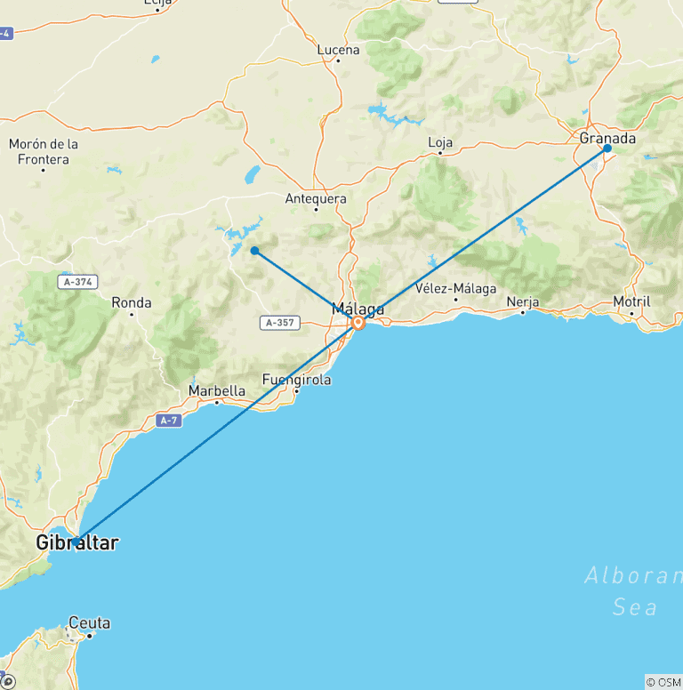 Map of 6 Day Malaga including visit to Gibraltar, Granada, Alhambra and Caminito del Rey