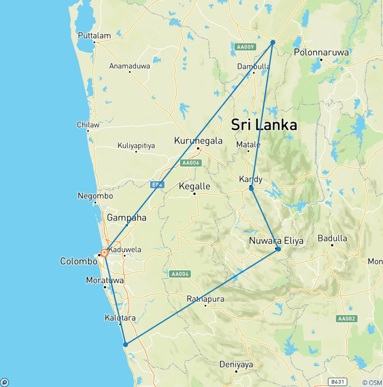 Map of Sri Lanka's Rich Heritage, Tea Trails, Scenic train, Wildlife & Beaches W/Meals