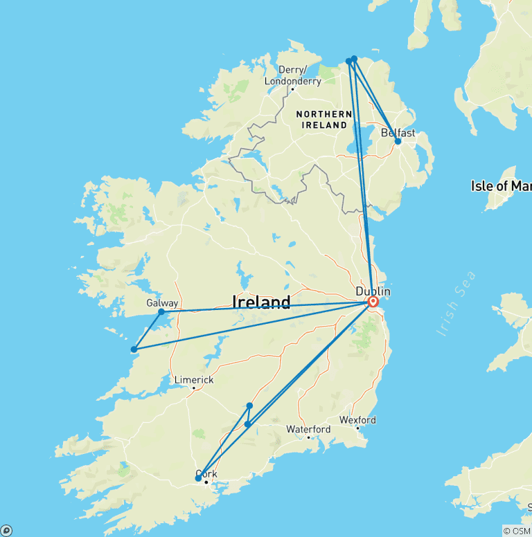 Map of 5 Day Dublin including Giants Causeway, Cliffs of Moher, Galway City & Cahir Castles