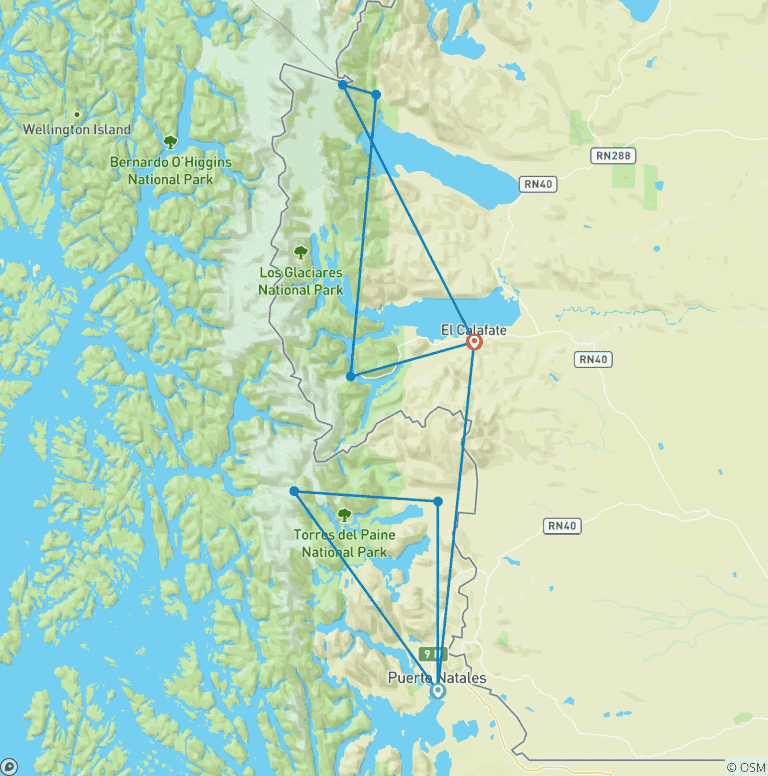Map of Patagonia: W Trek, Perito Moreno & El Chaltén