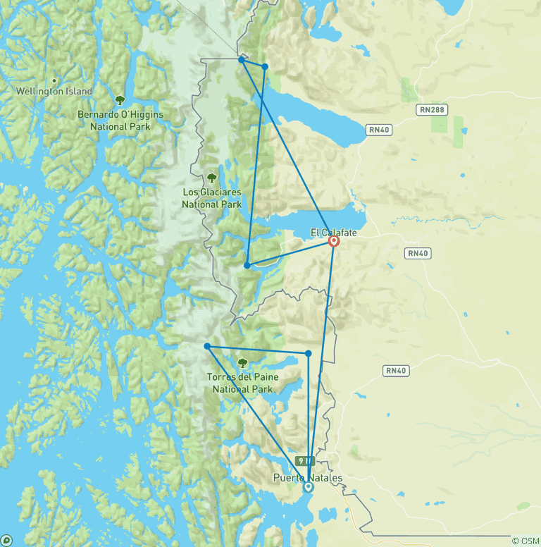 Map of Patagonia: W Trek, Perito Moreno & El Chaltén