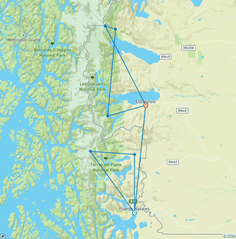 Map of Patagonia: W Trek, Perito Moreno & El Chaltén