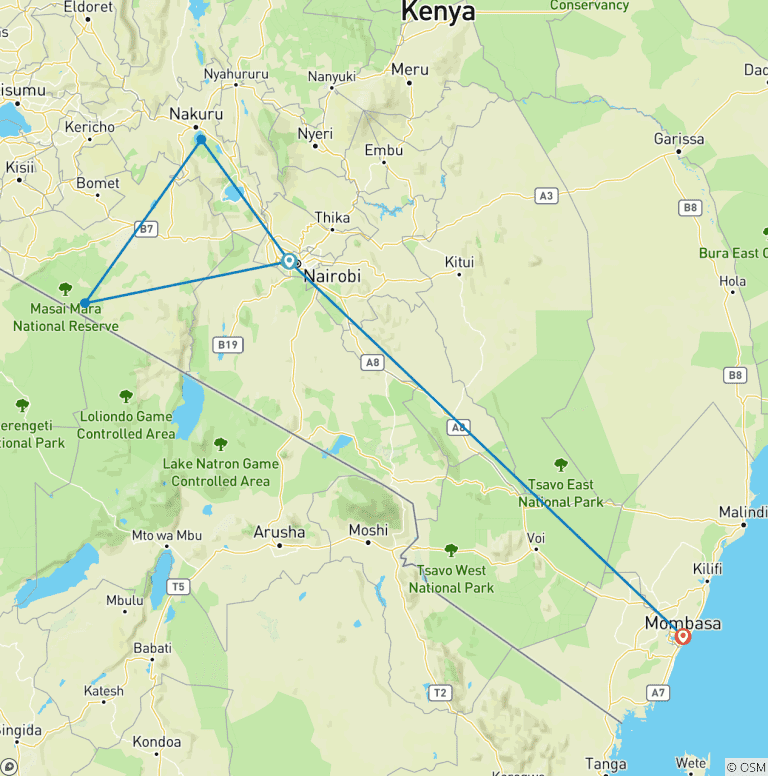 Map of 10 Day Kenyan Safari Adventure and Tranquil Mombasa Beach Getaway