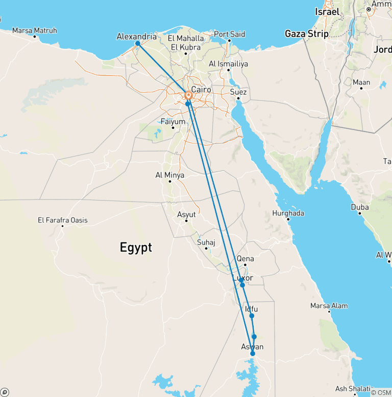 Map of Package 7-Days 6-Nights Cairo Pyramids, Nile Cruise&Alexandria by Sleeper Train
