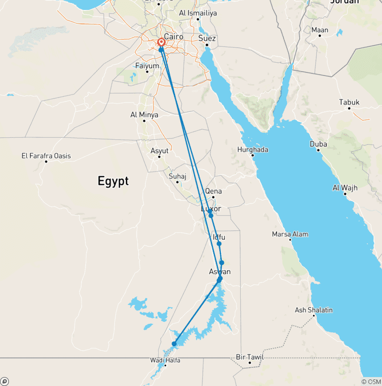Map of Egypt 8-Nights Cairo, Nile Cruise, Abu Simbel&Balloon From Cairo