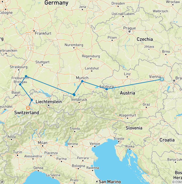 Map of Exploring the Alpine Countries Austria - Germany - Switzerland (Vienna to Lucerne) (2025)