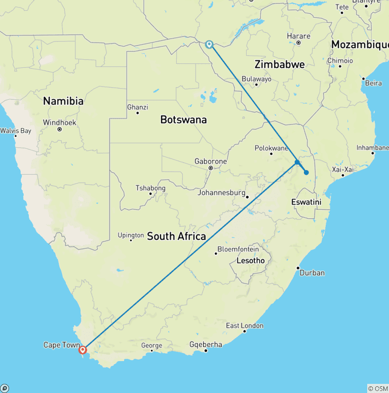 Map of Amazing Victoria Falls, Kruger, Cape Town & Winelands