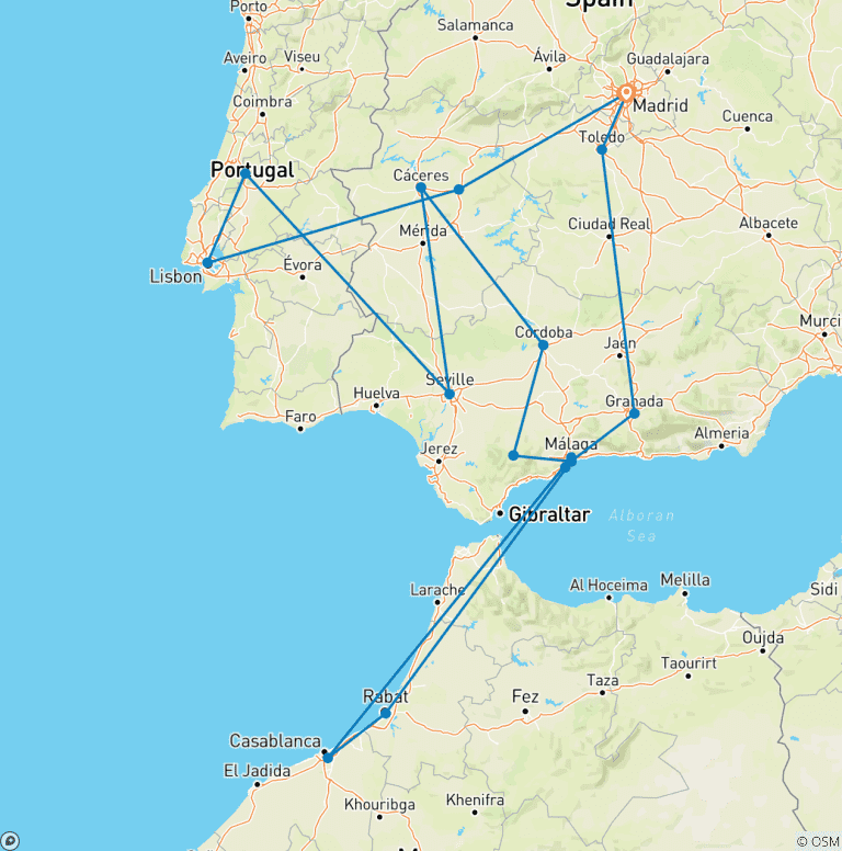 Map of 19-Day Madrid, Lisbon, Seville, Cordoba, Fez, Marrakech, Granada and more.