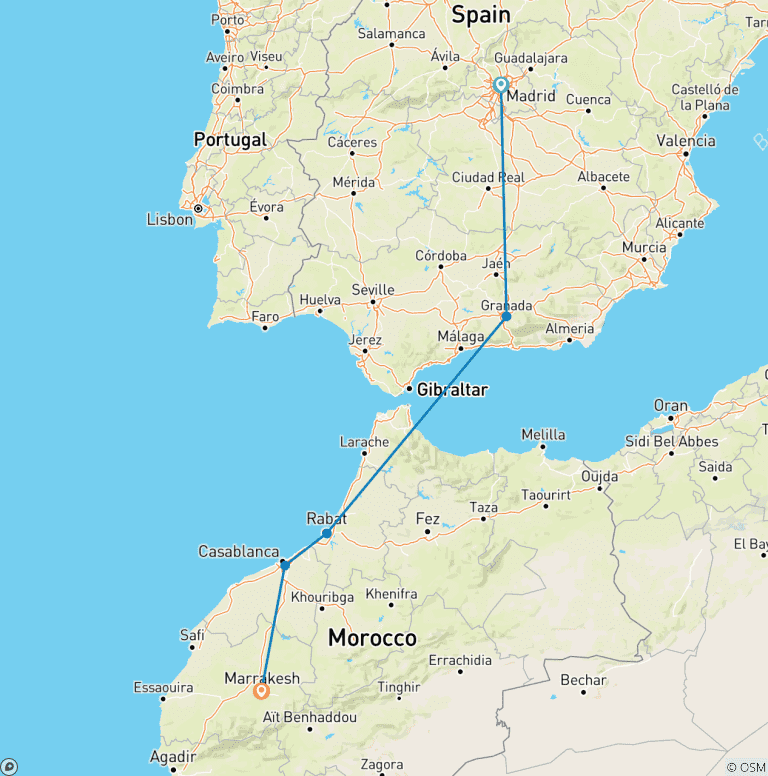 Map of 7 Day Madrid, Granada, Rabat, Marrakech and much more
