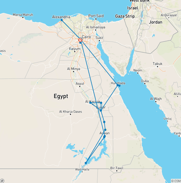 Map of Marvels of Egypt:14-Day 13-Night to Cairo, Alexandria, Nile Cruise, and Red Sea with Sleeper Train and Flight