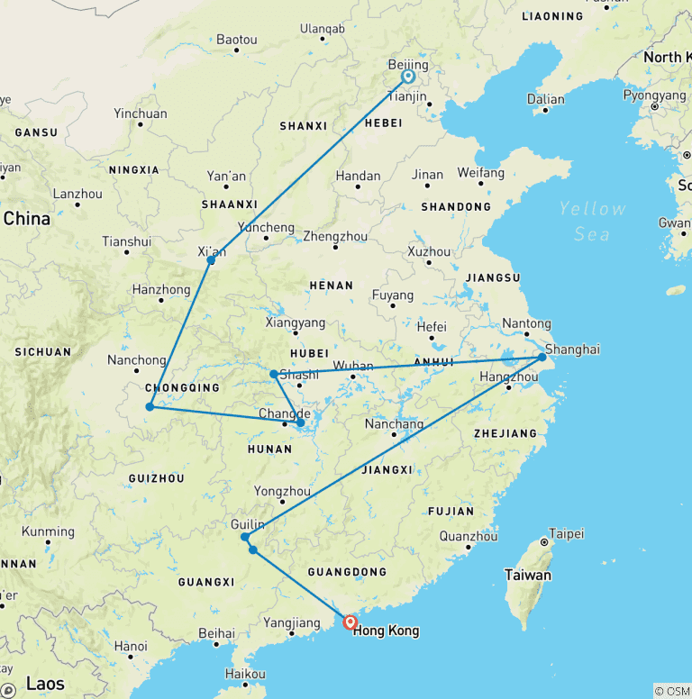 Map of 16 Days China Highlights with Yangtze (private guide & driver）Family Tour Customizable