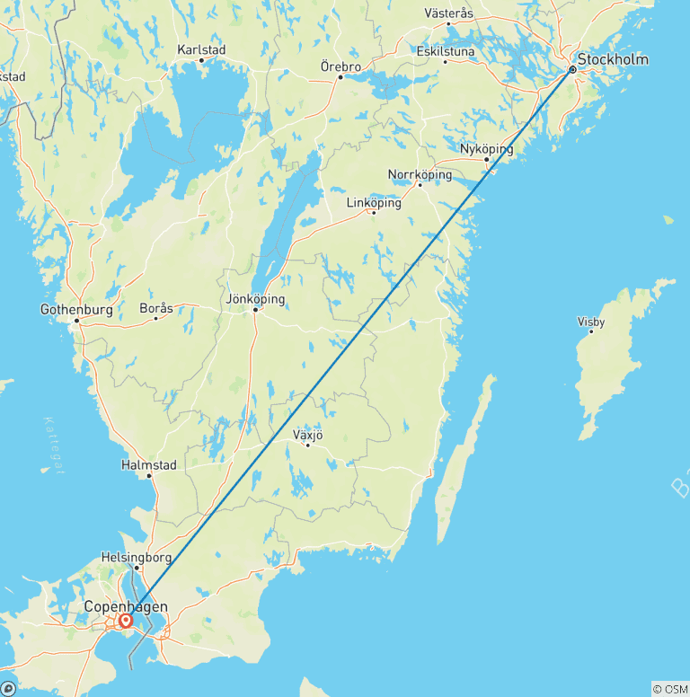 Map of Stockholm & Copenhagen by Rail