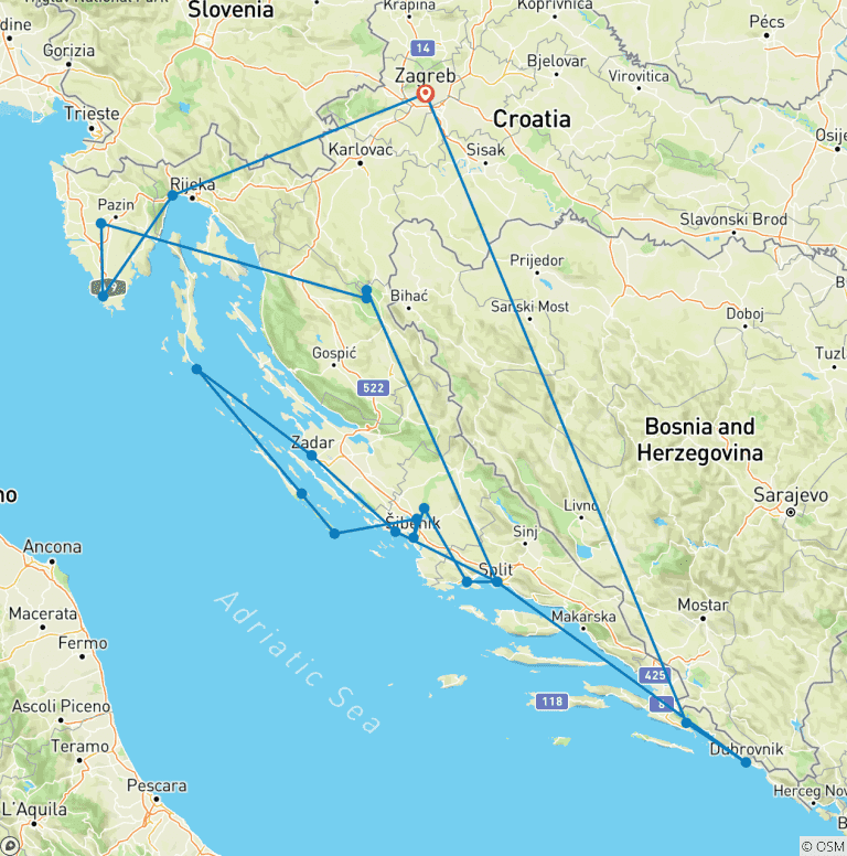 Map of Croatia and the Dalmatian Coast (Small Groups, Upper Deck Cruise)