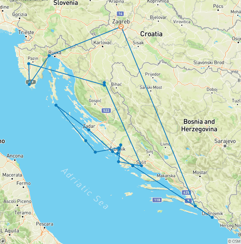 Map of Croatia and the Dalmatian Coast (Lower Deck Cruise)