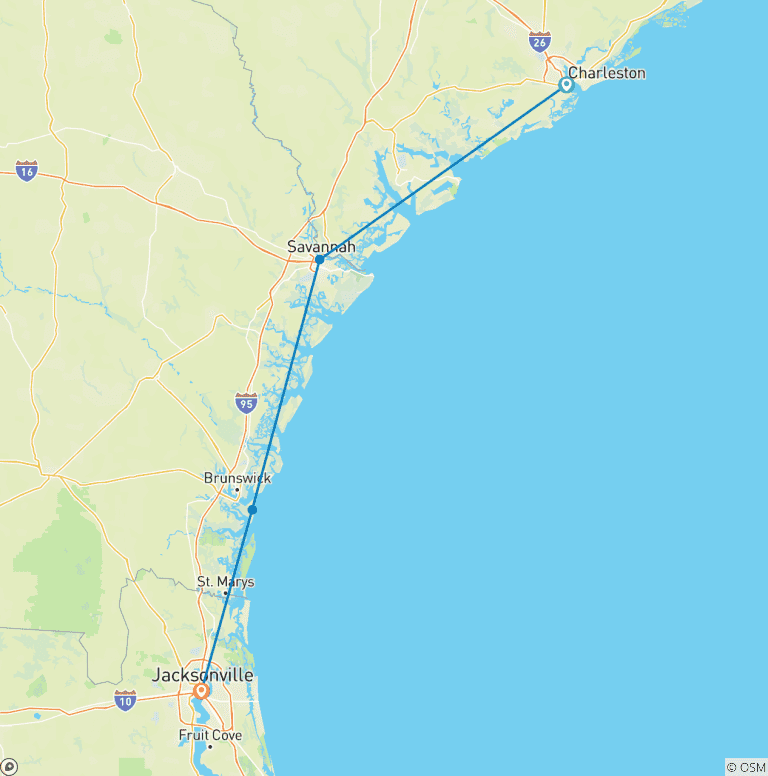 Map of Southern Charm featuring Charleston, Savannah & Jekyll Island (Charleston, SC to Jekyll Island, GA) (2025)