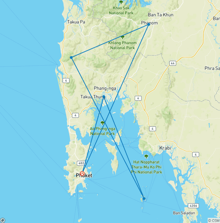 Map of Thailand Southern 10 Days - Phuket/Khao Sok/Khao Lak