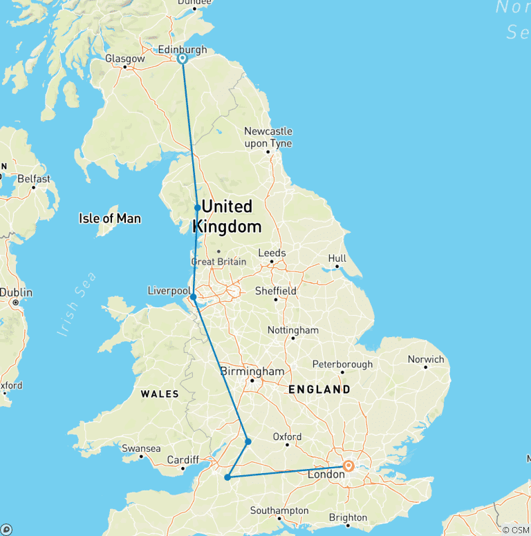 Map of Coasts & Countrysides of England featuring the Royal Edinburgh Military Tattoo, Liverpool & London (Edinburgh to London)