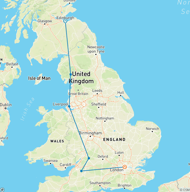 Map of Coasts & Countrysides of England with Edinburgh, Liverpool & London (Edinburgh to London)