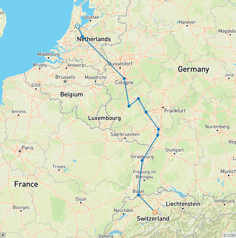 Map of Classical Rhine and Switzerland Extension (Amsterdam - Lucerne)