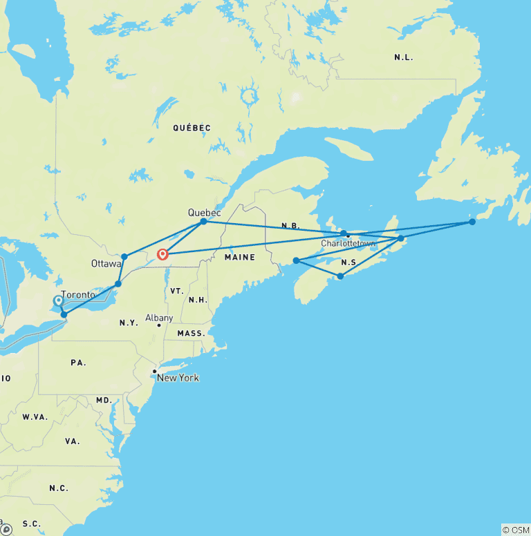 Map of East Canada & New England Circle Cruise  Toronto to Montreal  (2025)