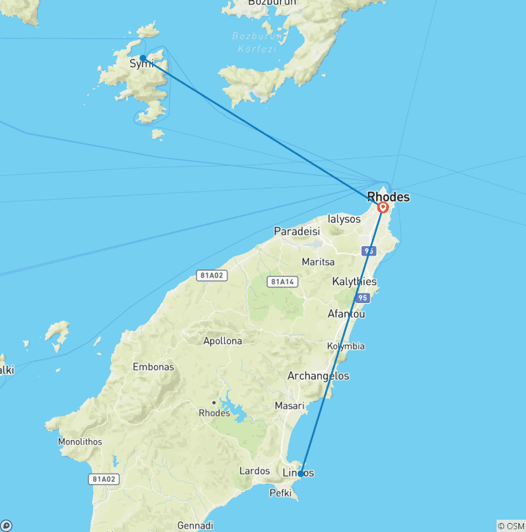 Map of 5 Day Rhodes including cruises to Symi Island, Anthony Quinn Bay and Lindos