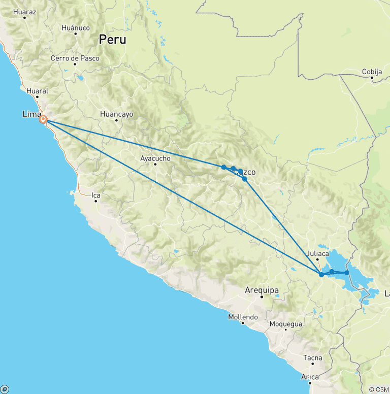 Map of Peru: Machu Picchu and Lake Titicaca  (Lima to Puno) (2025)