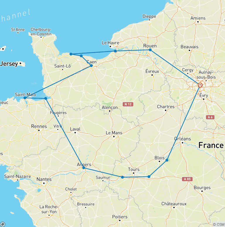 Map of 3 Day Guided Trip to Normandy, Mont Saint-Michel, Loire Valley Chateaux from Paris, with HOTEL PICK UP (NBC3F)