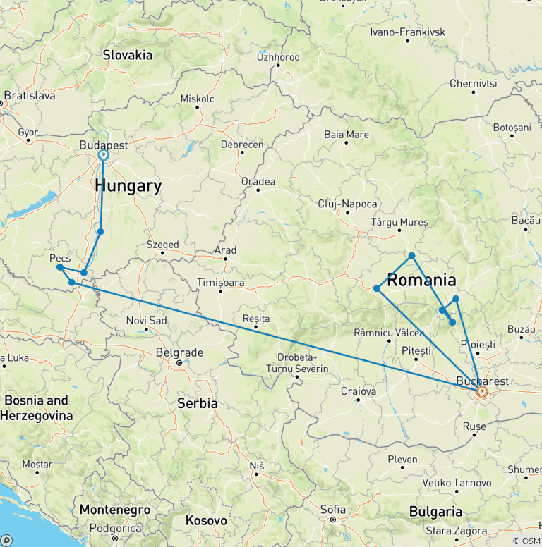 Map of Lower Danube Discovery with Transylvania 2025 - 20 Days