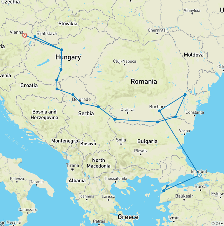 Map of Lower Danube Discovery with Vienna & Istanbul 2025