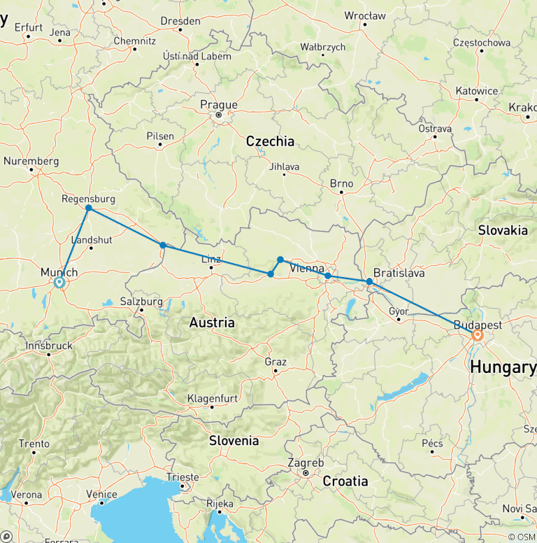 Map of Gems of the Danube with Munich 2025 - 10 Days (from Munich to Budapest)