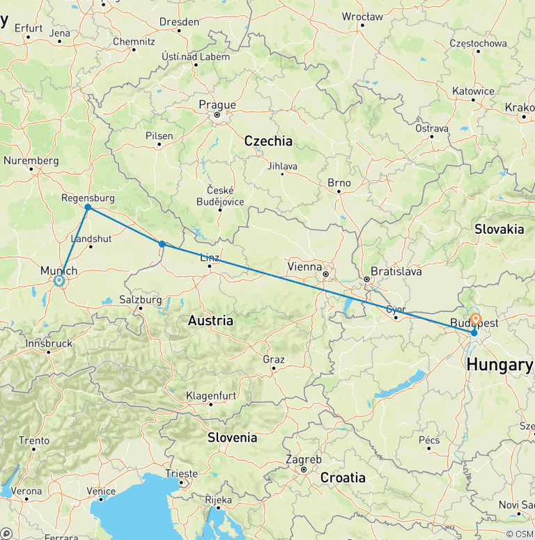 Map of Gems of the Danube with Munich 2025 - 10 Days (from Munich to Szentendre)