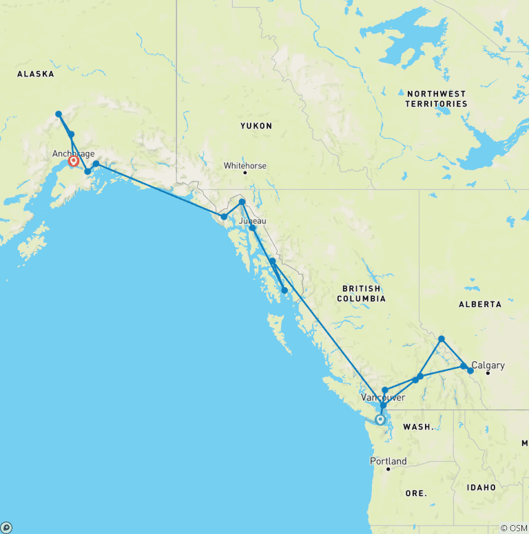 Map of Natural Wonders of the Rockies and Alaska Victoria → Anchorage (2025)