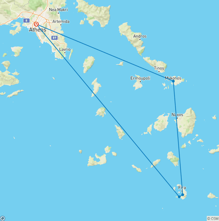Map of Greece Island Hopper featuring Athens, Mykonos and Santorini