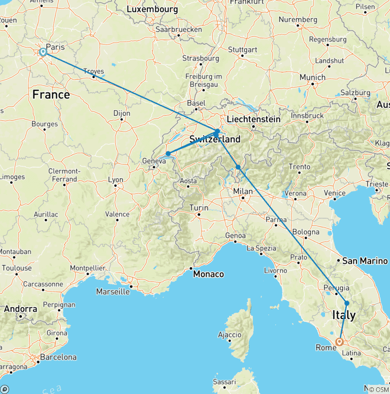 Map of Paris to Rome by Rail