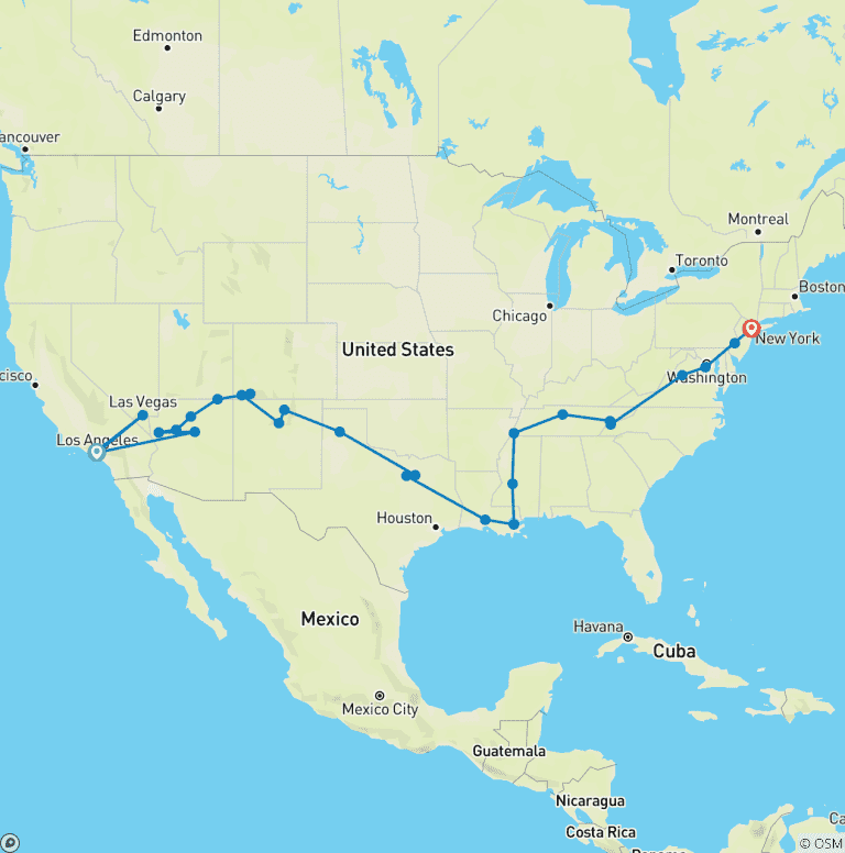 Map of Road Trip USA Coast to Coast (Start Los Angeles)
