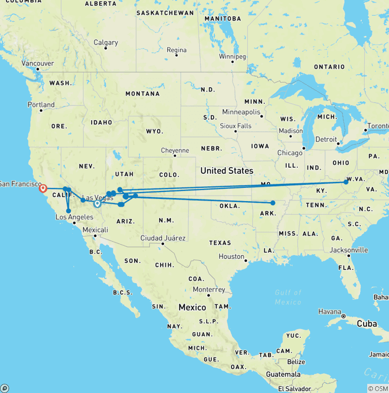 Map of Hiking Through the National Parks of the West (from Las Vegas, 25 Destinations)