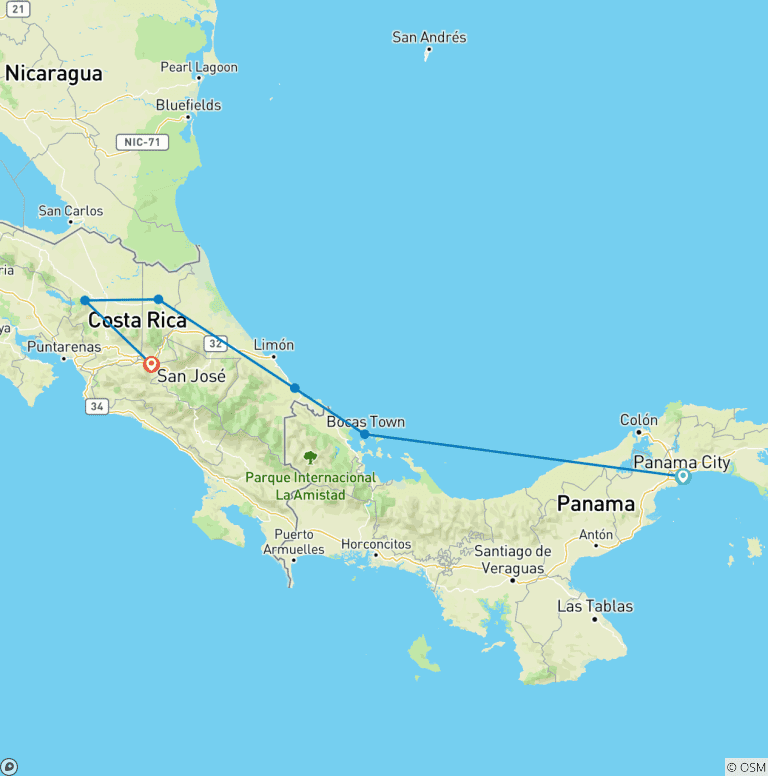 Map of Panama & Costa Rica: Between palm trees and volcanoes