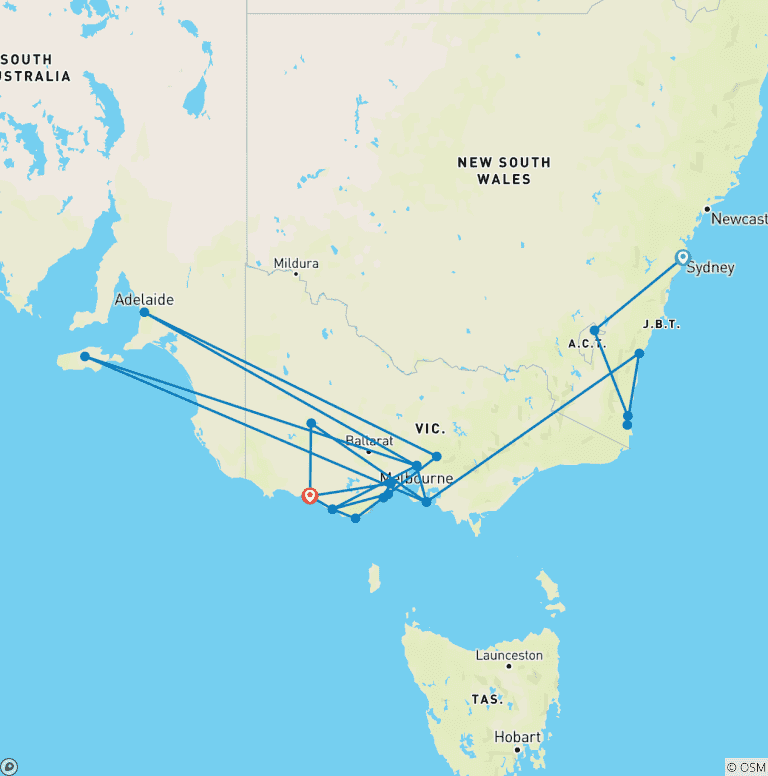 Map of Fascination of the South (18 nights, Sydney-Adelaide)