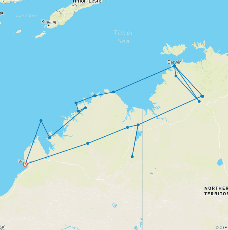 Map of Splendours of the Kimberley and Northern Territory with Kimberley Coastal Expedition Broome → Broome (2025)