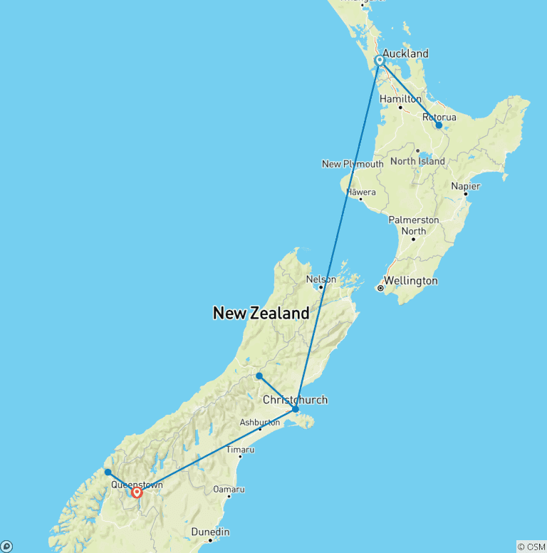 Map of 14 Days Best of New Zealand, Auckland, Christchurch & Queenstown