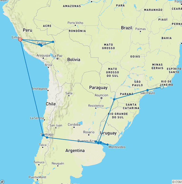 Map of 【South America】 21 days 5-country tour to Brazil, Argentina, Uruguay, Chile, Peru Package