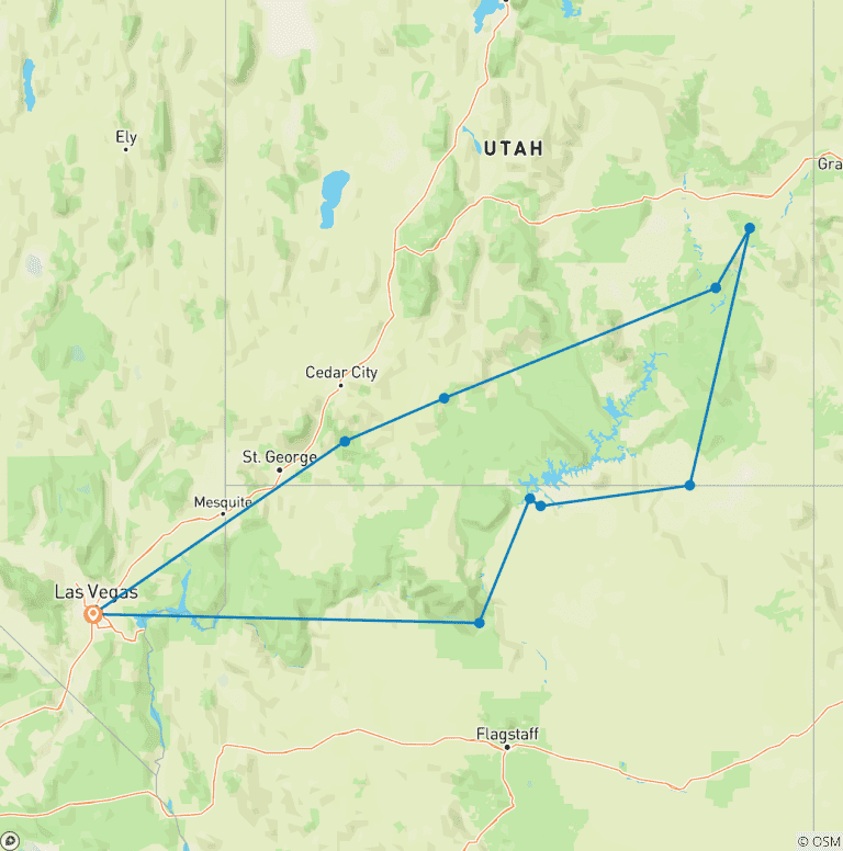 Map of 7 Day Southwest National Parks Grand Canyon Camping Tour
