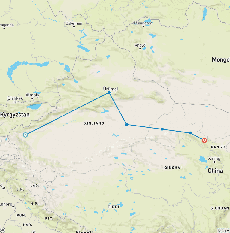 Map of Silk Road 8D from Kashgar to Zhangye