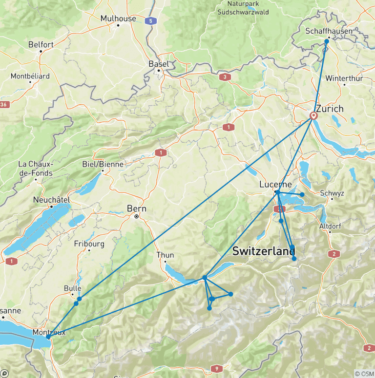 Map of Trip to Switzerland Covering Zurich, Lucerne, Interlaken and Montreux (in 9 days)