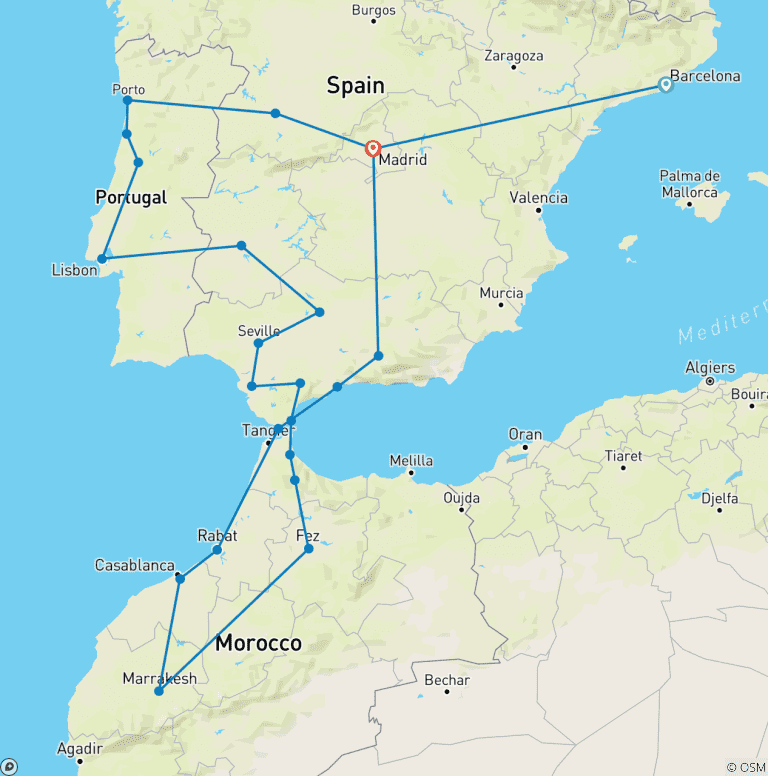 Map of Spain, Portugal & Morocco Encompassed - 23 days