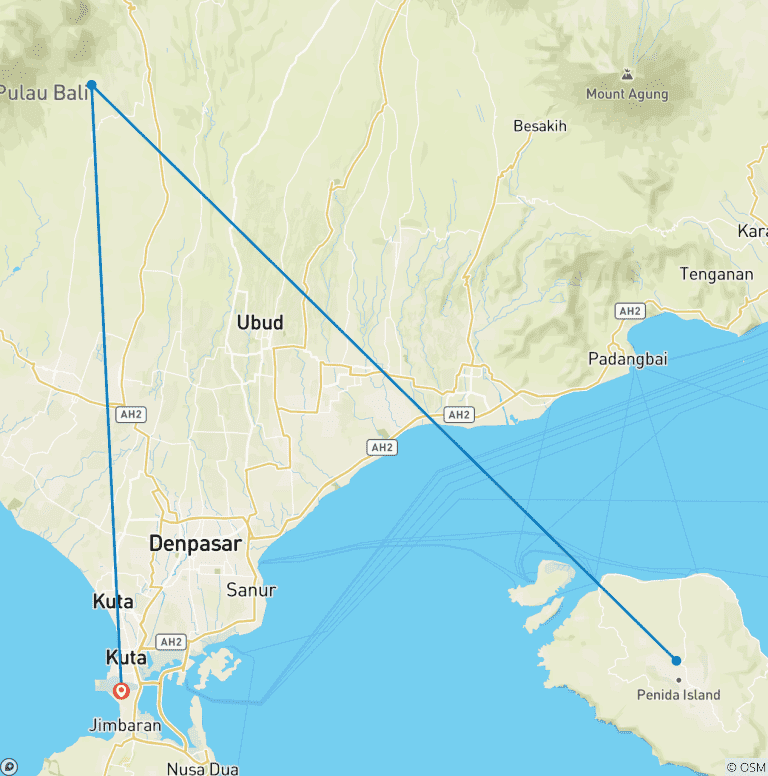 Map of 3 Days in Bali including West Nusa Penida Snorkeling Tour.