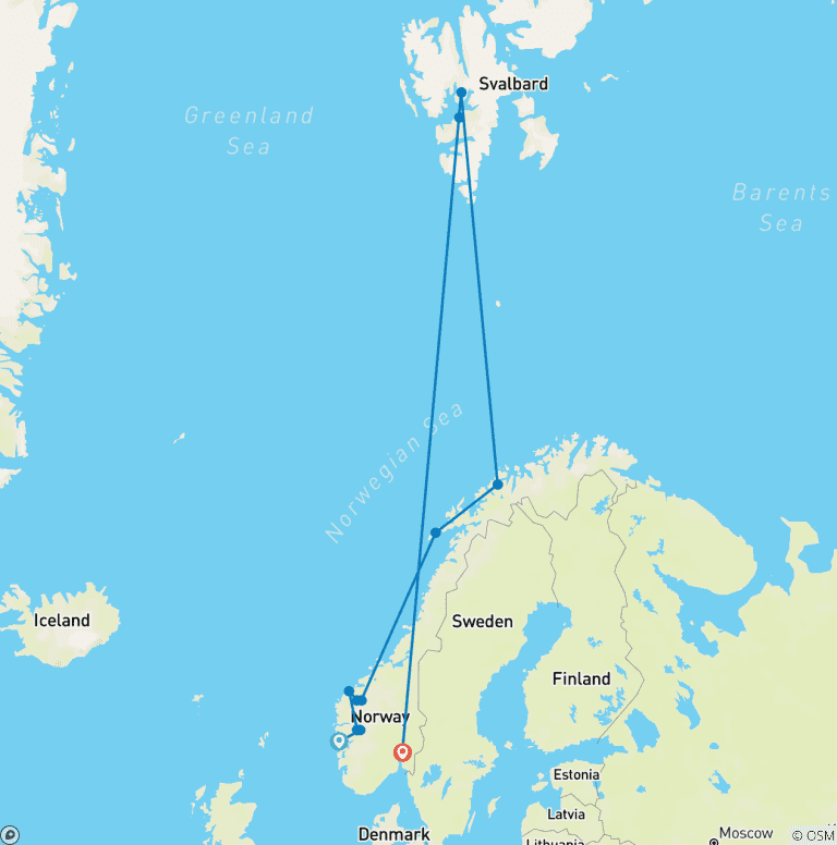Map of Norwegian Fjords, Wildlife of Svalbard & The Arctic Circle